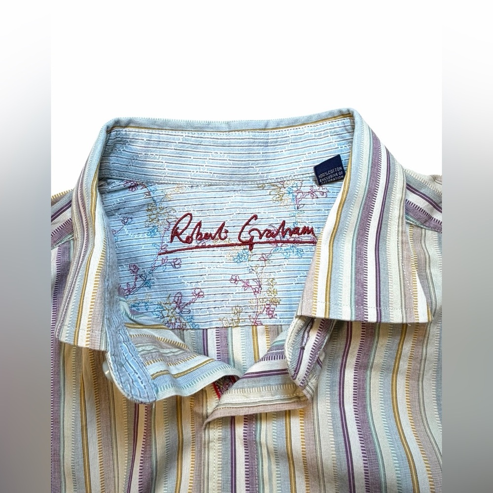 Robert Graham Mens L Striped Shirt Contrast Cuffs Multicolor Cotton